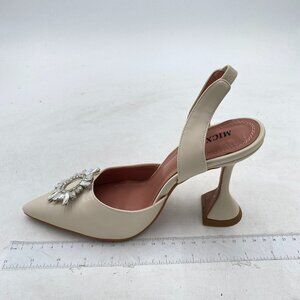 MICXKLZO Beige Slingback Pointed Toe High Heel Dress Beaded Rhinestone Sandals